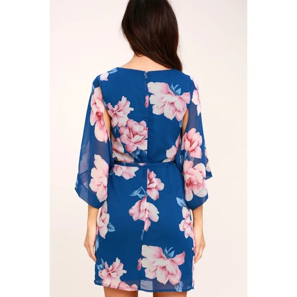 New LULUS W's (L) Joyful Noise Denim Blue & Pink Floral Print Chiffon Mini Dress - Picture 16 of 16